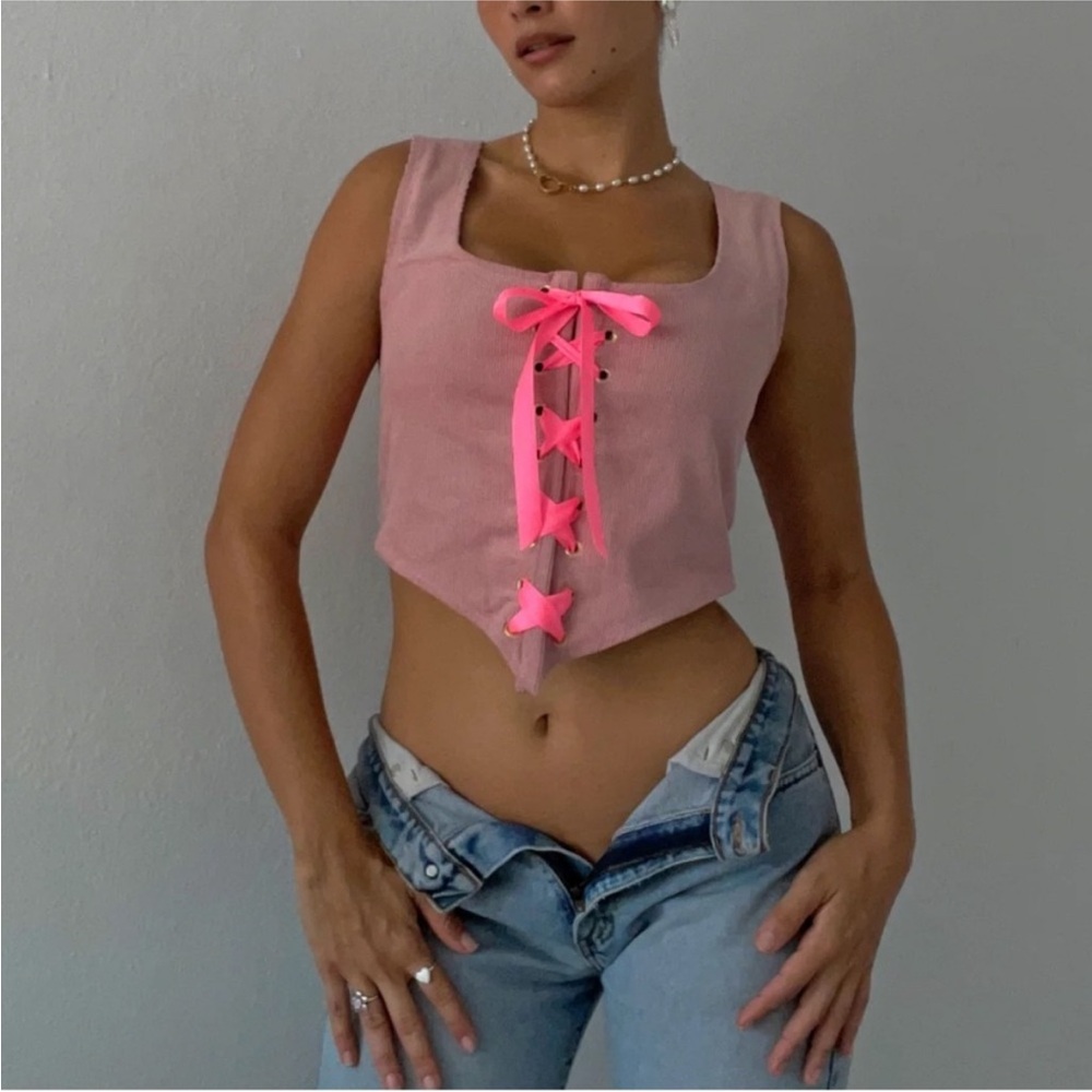 Vanessa Mooney Cece Pink Lace Up Corset Top Sz Small NEW $109 Cropped Ribbon Tie
